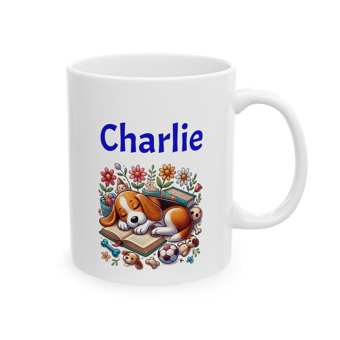 Beagle Puppy on a Colorful Floral Design Ceramic Mug - Custom Name