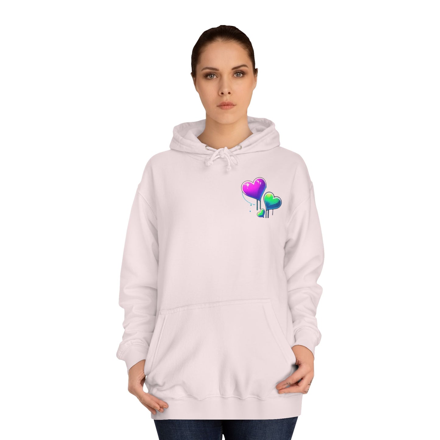 College Hoodie with Love Graphic - Trendy Heart Design, Perfect for Everyday Comfort and Special Occasions