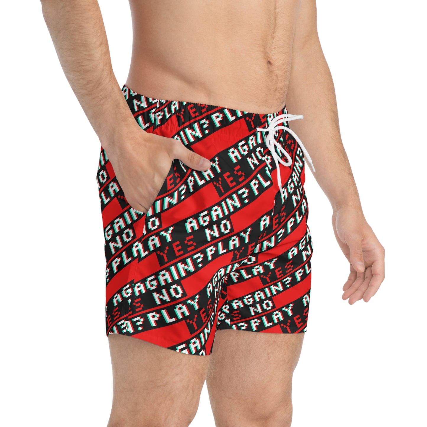 Retro Gamer Swim Trunks - Play Again? Yes/No Design