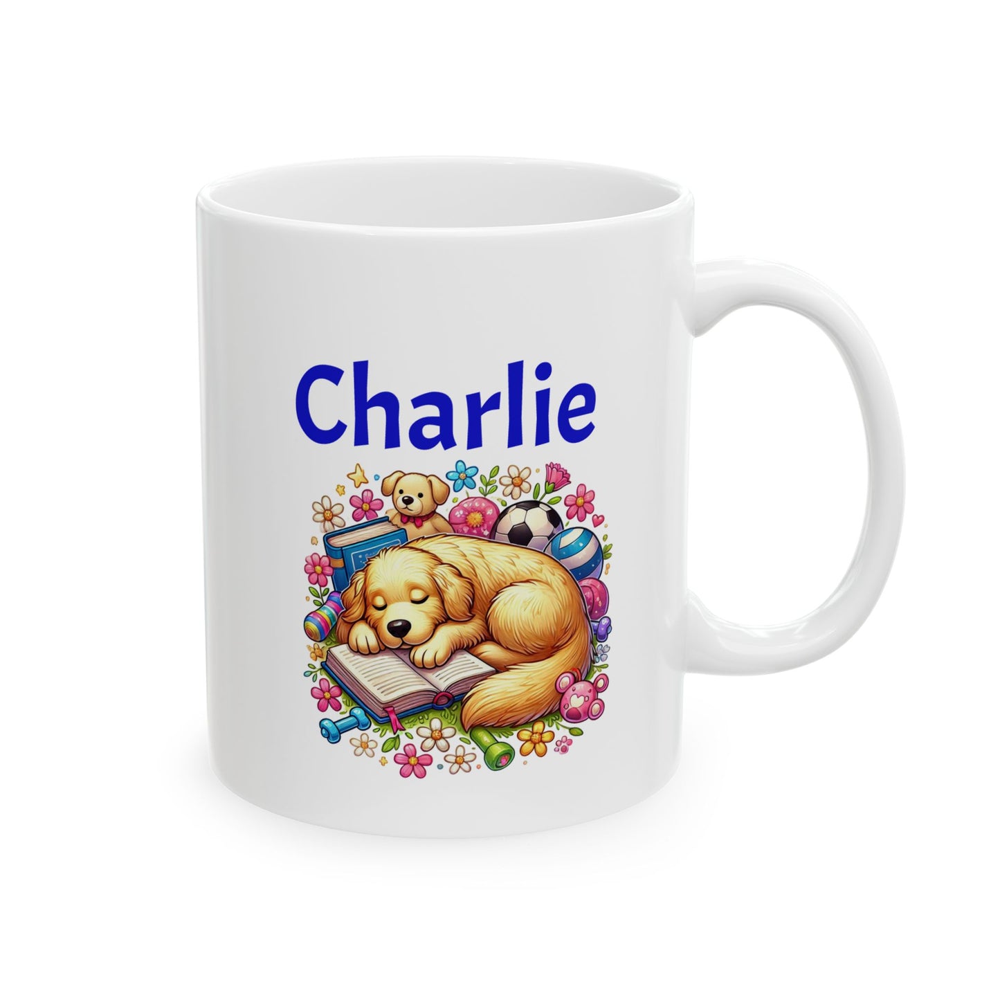 Golden Retriever Puppy on a Colorful Floral Design Ceramic Mug - Custom Name