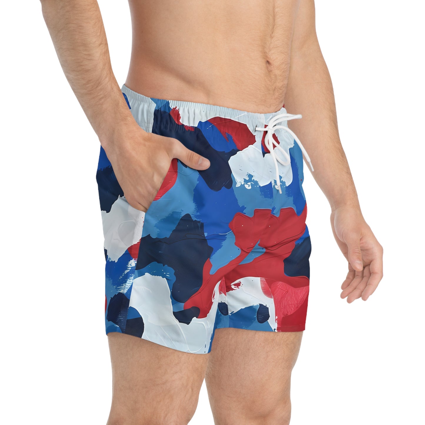 Patriotic Camo Swim Trunks - Bold Red, White & Blue Design for Summer Fun