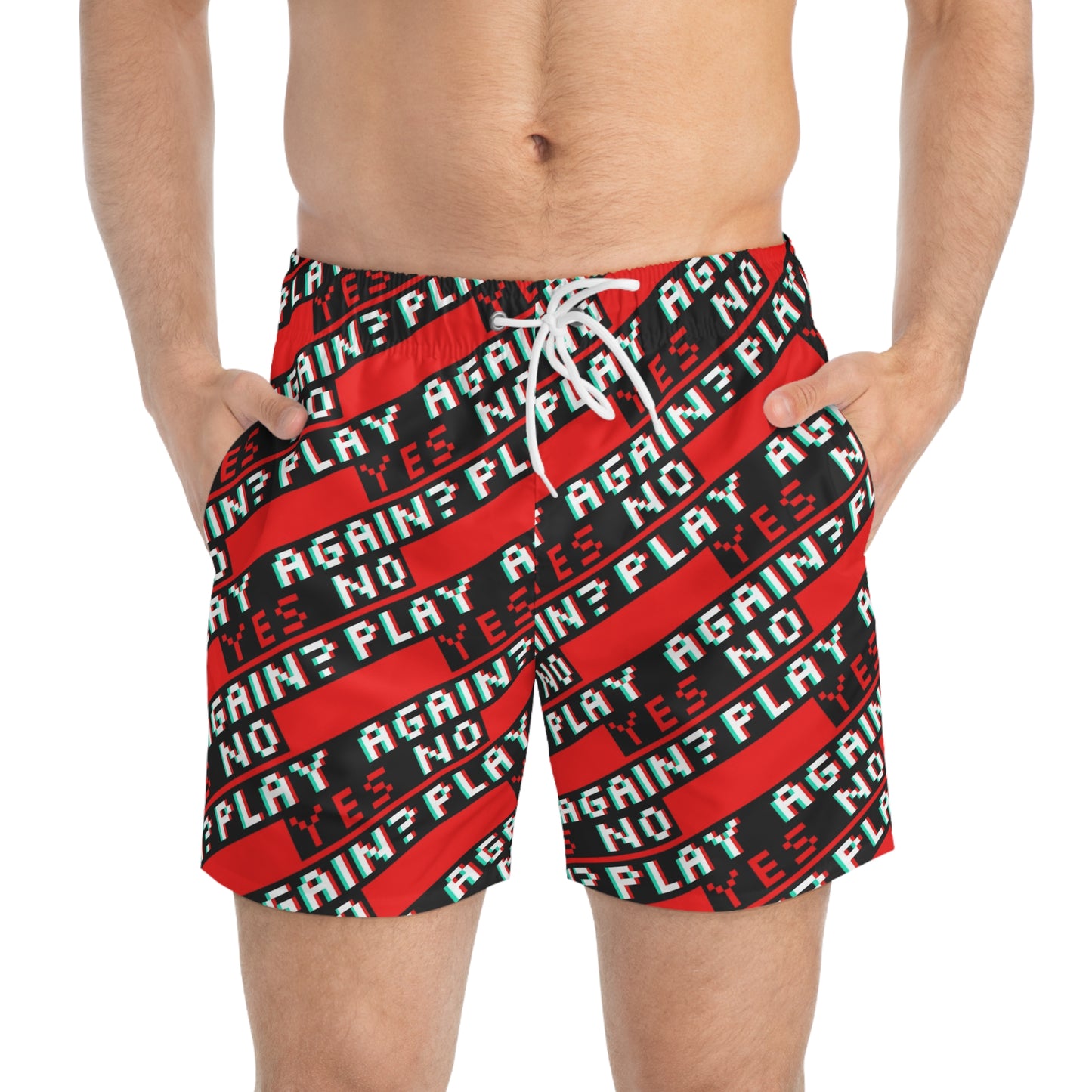 Retro Gamer Swim Trunks - Play Again? Yes/No Design