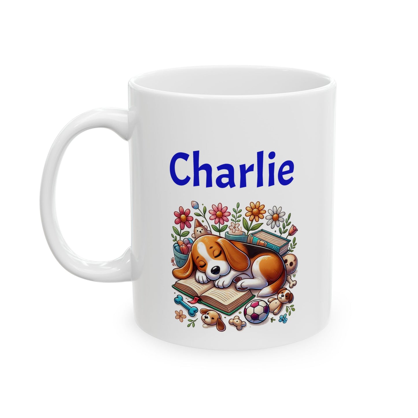 Beagle Puppy on a Colorful Floral Design Ceramic Mug - Custom Name