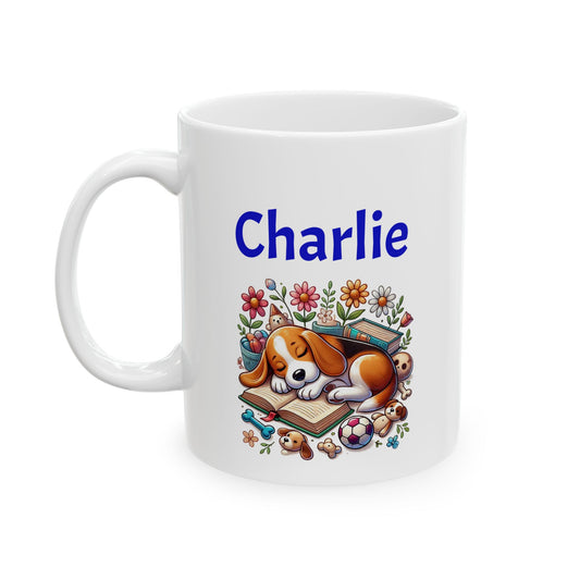 Beagle Puppy on a Colorful Floral Design Ceramic Mug - Custom Name