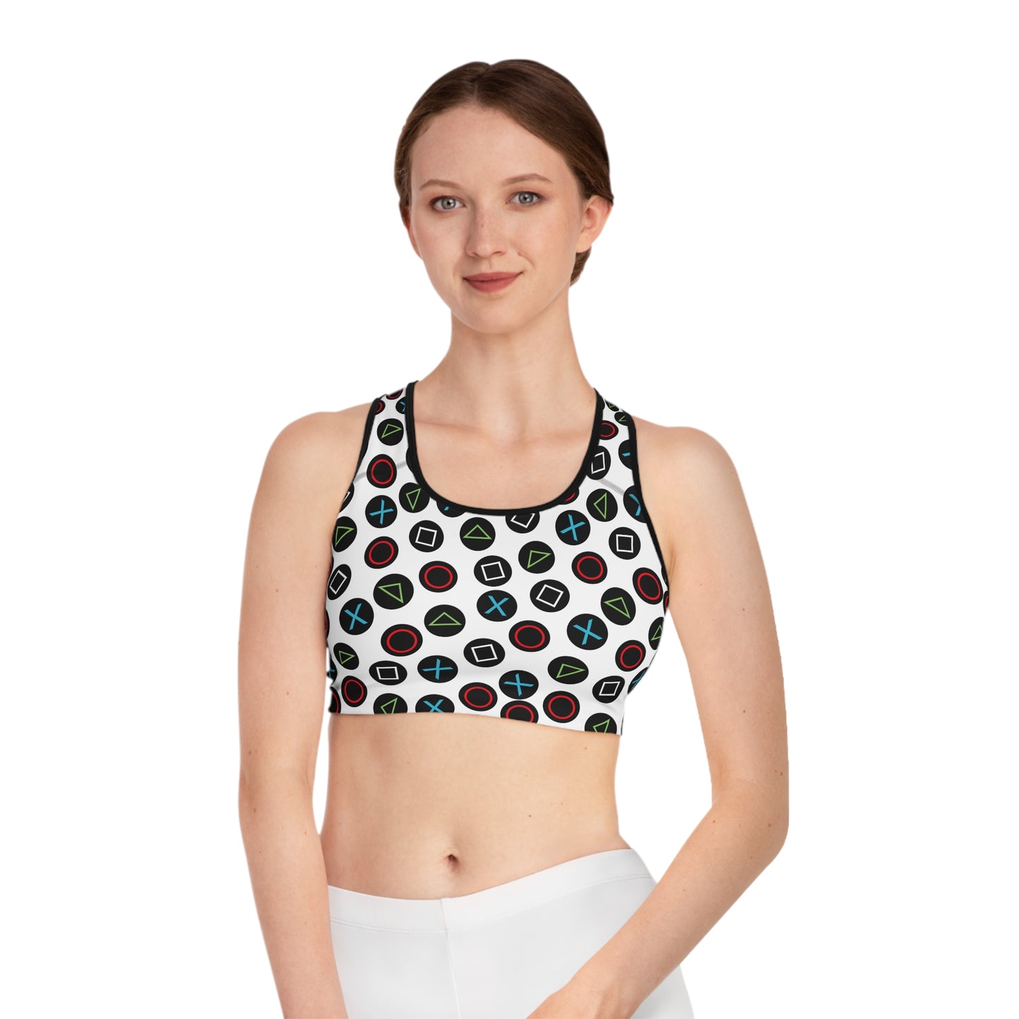 Playful Video Game Controller Patterned Sports Bra for Active Lifestyle