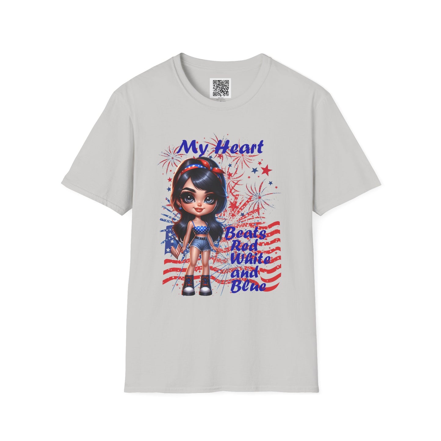 'My Heart Beats Red, White, and Blue' | Patriotic Unisex Softstyle T-Shirt for July 4th Celebrations