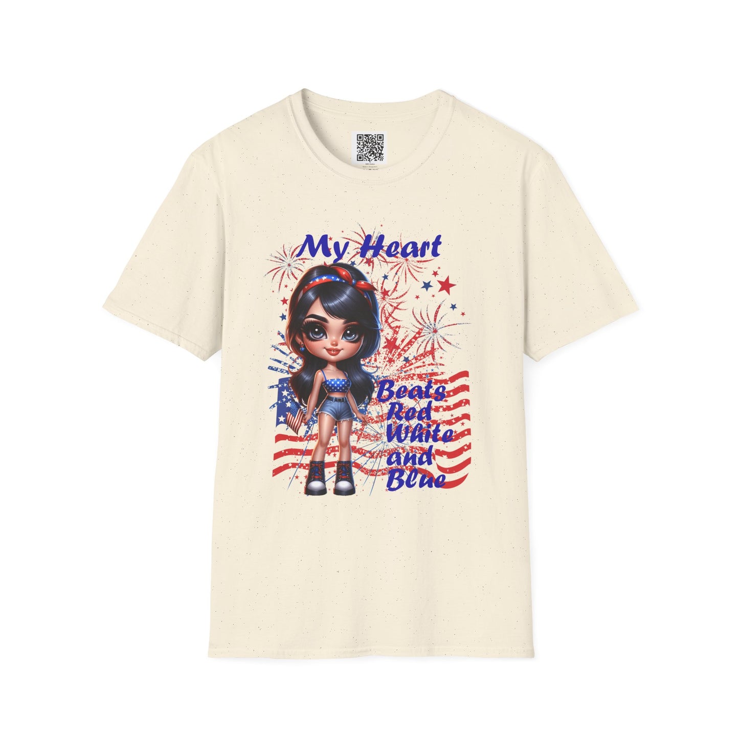 'My Heart Beats Red, White, and Blue' | Patriotic Unisex Softstyle T-Shirt for July 4th Celebrations