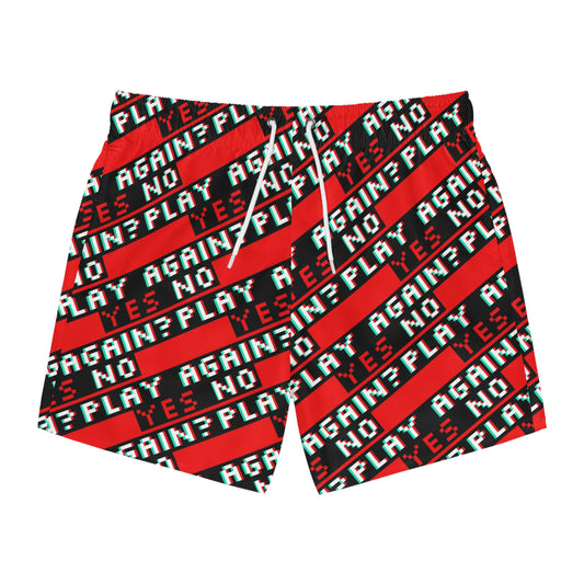 Retro Gamer Swim Trunks - Play Again? Yes/No Design