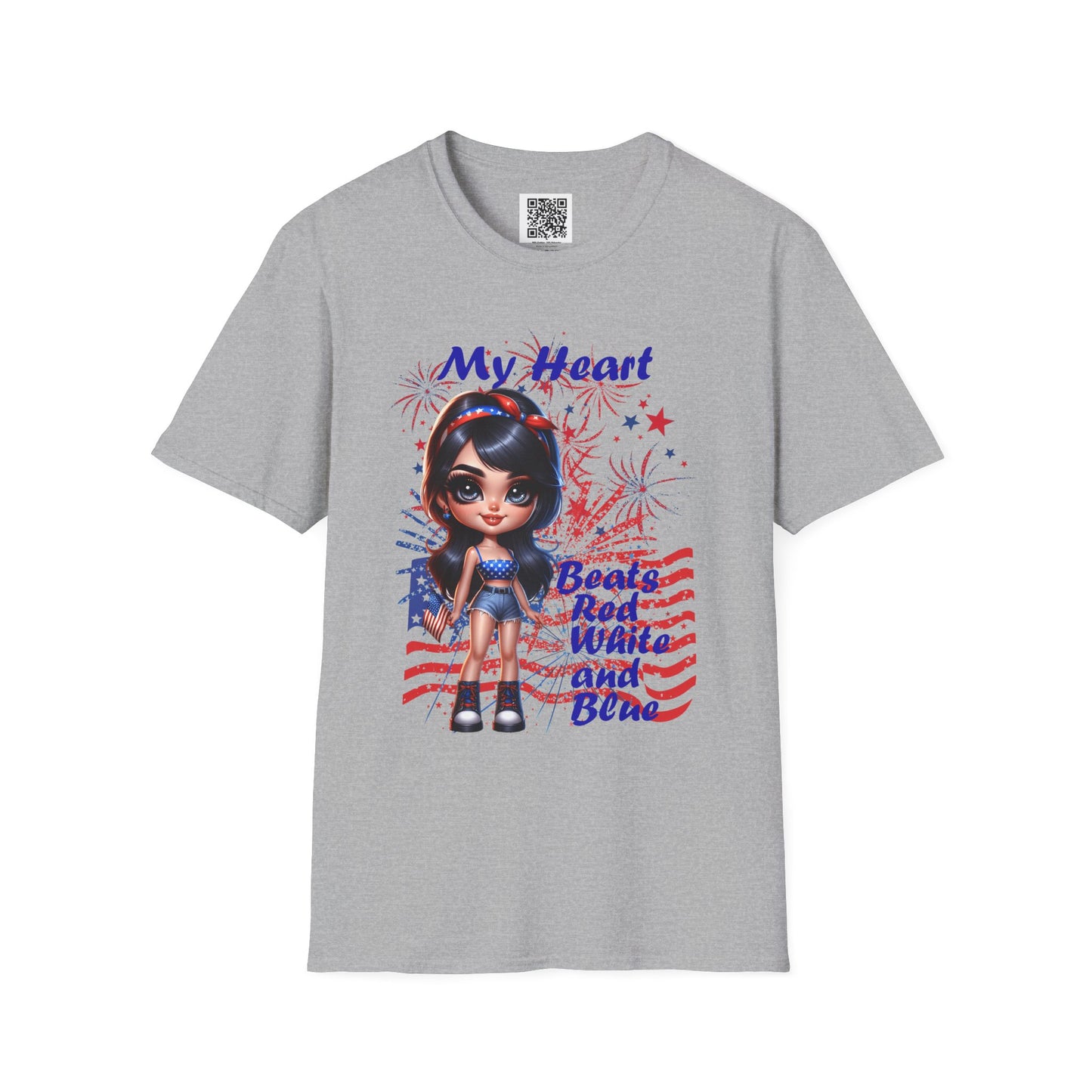 'My Heart Beats Red, White, and Blue' | Patriotic Unisex Softstyle T-Shirt for July 4th Celebrations
