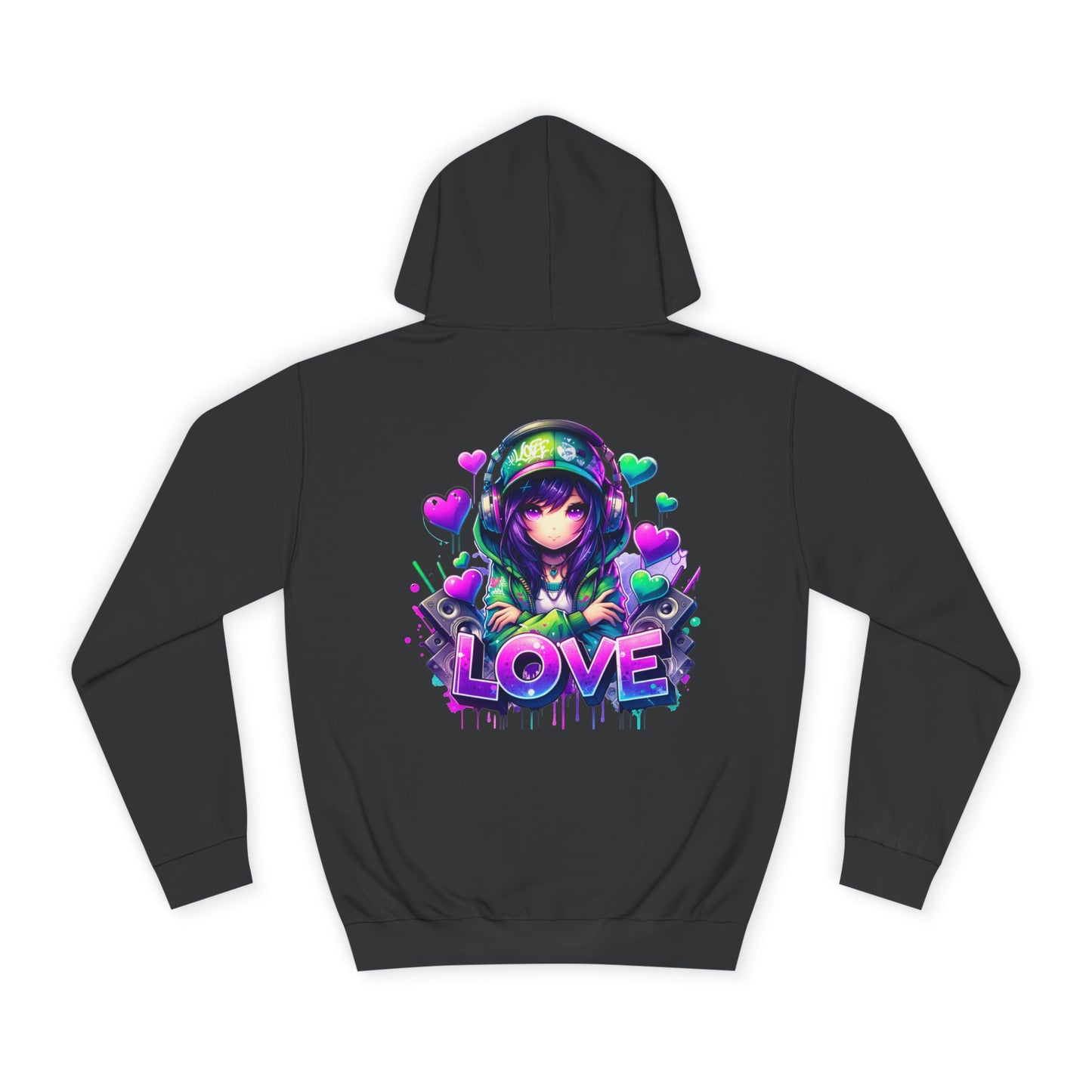 College Hoodie with Love Graphic - Trendy Heart Design, Perfect for Everyday Comfort and Special Occasions