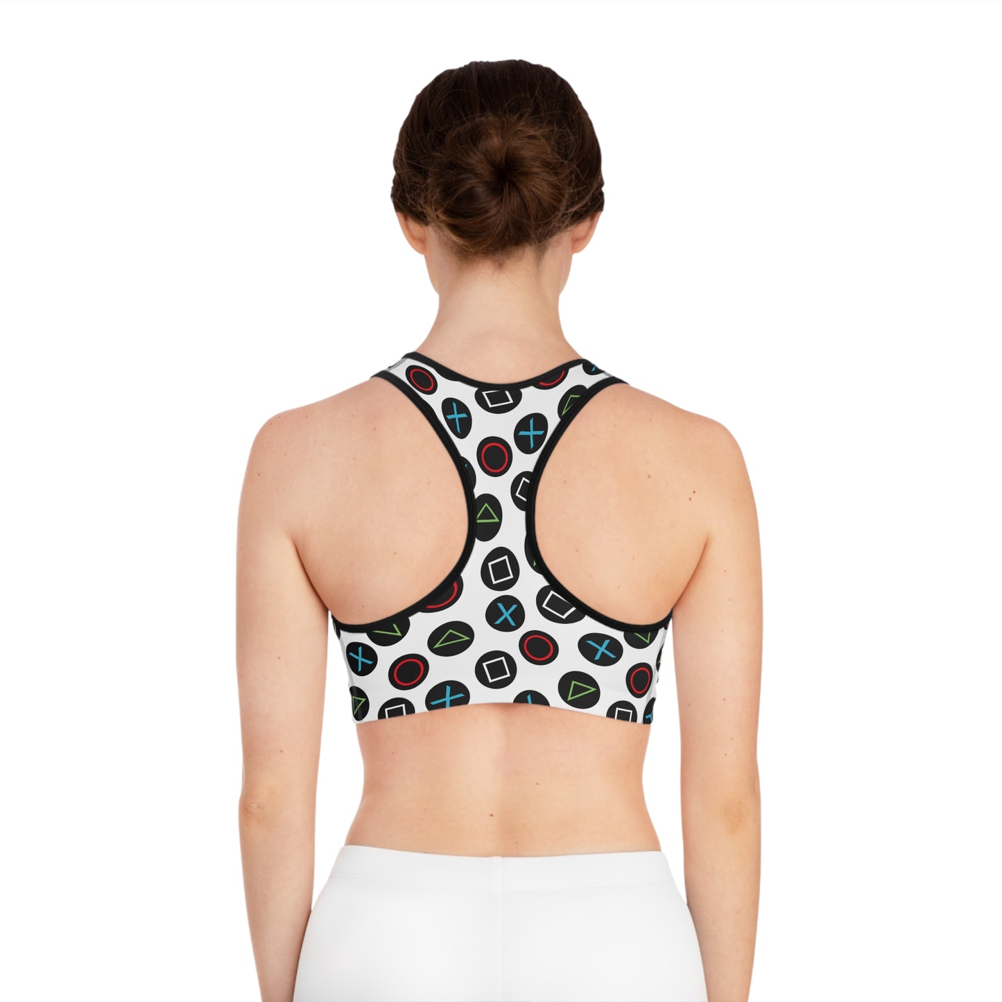 Playful Video Game Controller Patterned Sports Bra for Active Lifestyle
