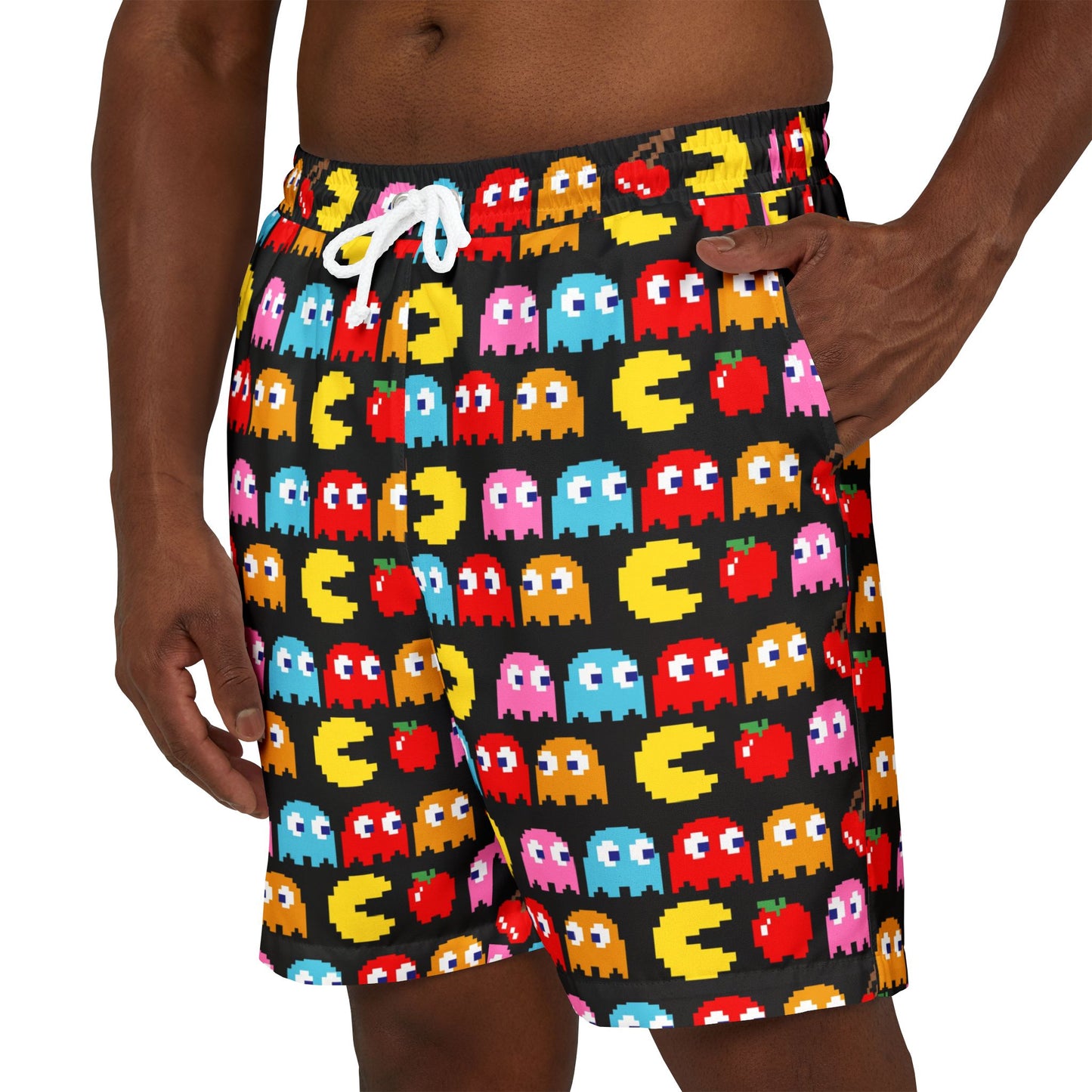 Retro Arcade Unisex Swim Shorts - Colorful Pac-Man Design for Summer Fun