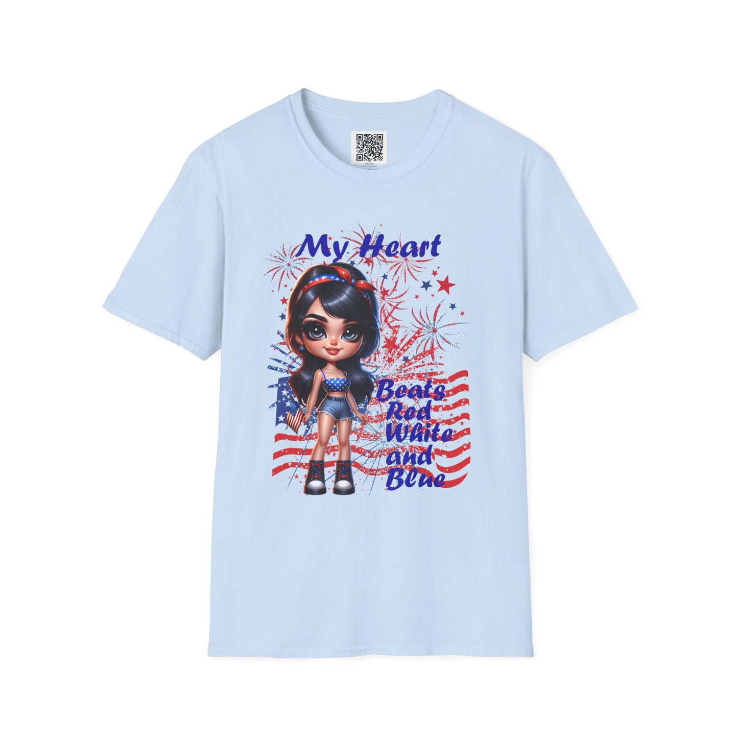 'My Heart Beats Red, White, and Blue' | Patriotic Unisex Softstyle T-Shirt for July 4th Celebrations