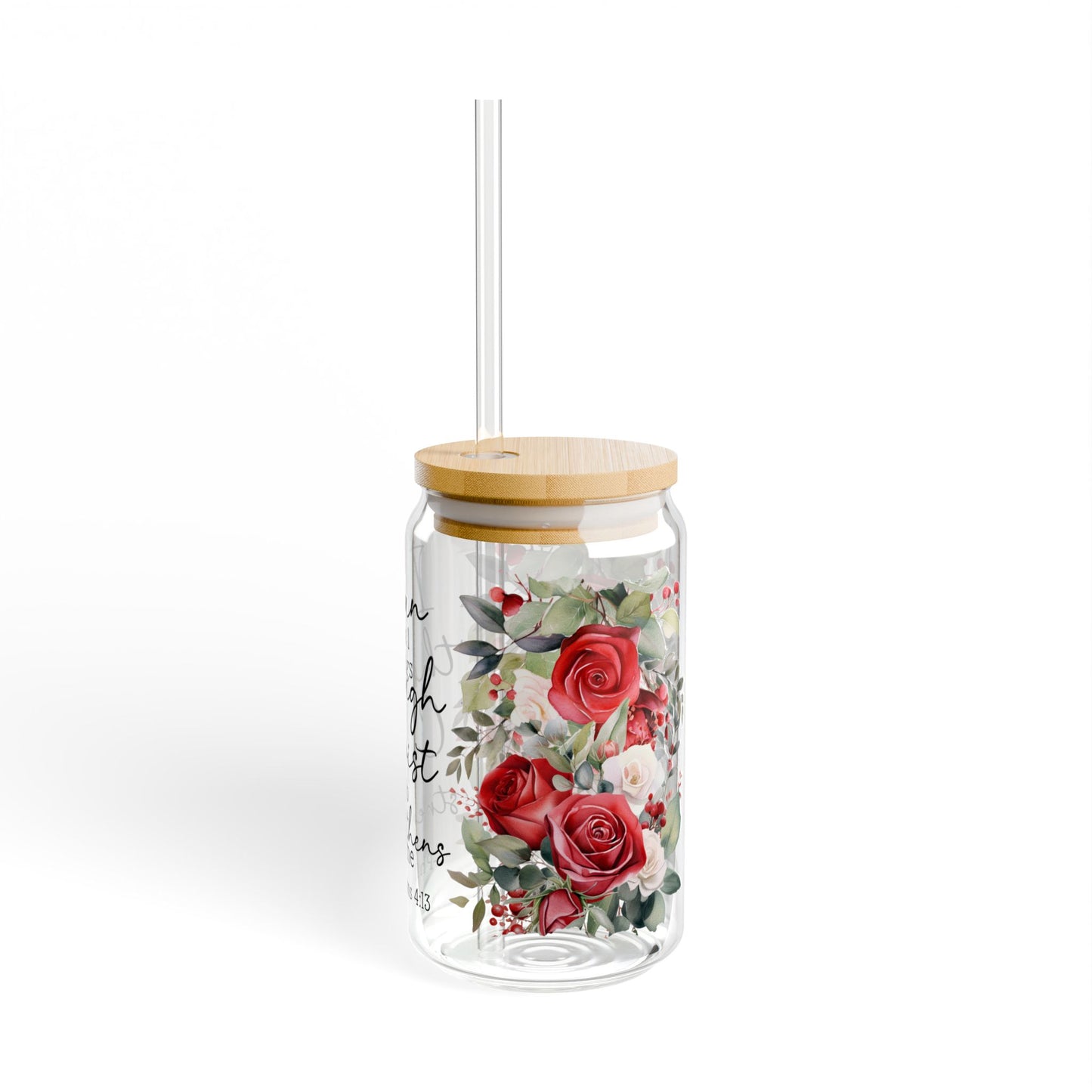 Inspirational Floral Sipper Glass - 16oz with Philippians 4:13 Quote