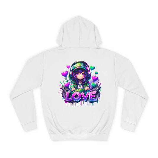 College Hoodie with Love Graphic - Trendy Heart Design, Perfect for Everyday Comfort and Special Occasions