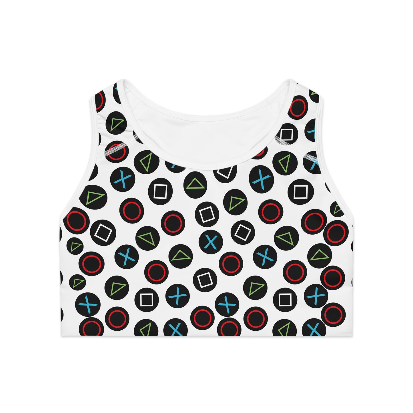 Playful Video Game Controller Patterned Sports Bra for Active Lifestyle