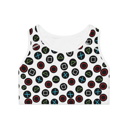 Playful Video Game Controller Patterned Sports Bra for Active Lifestyle