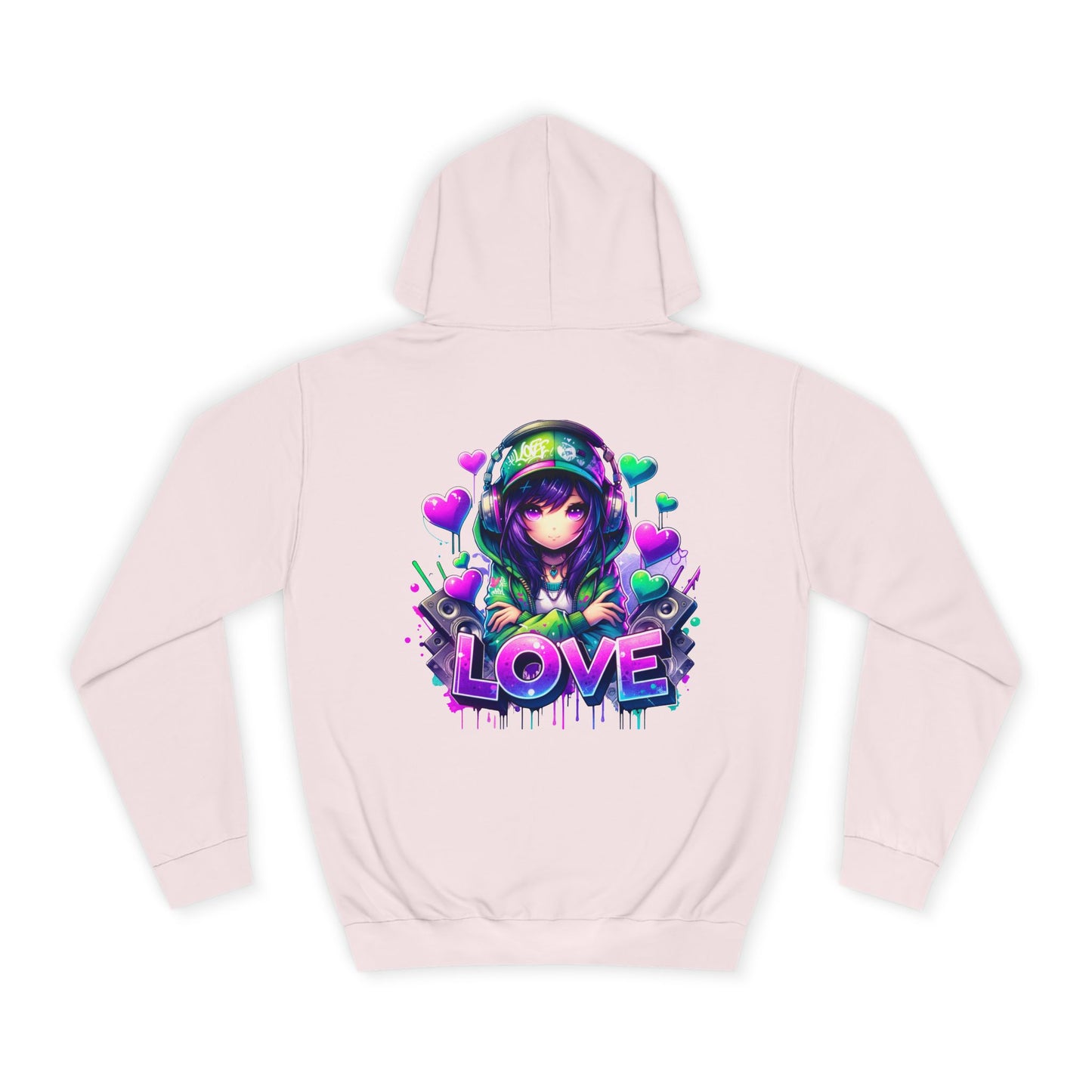 College Hoodie with Love Graphic - Trendy Heart Design, Perfect for Everyday Comfort and Special Occasions