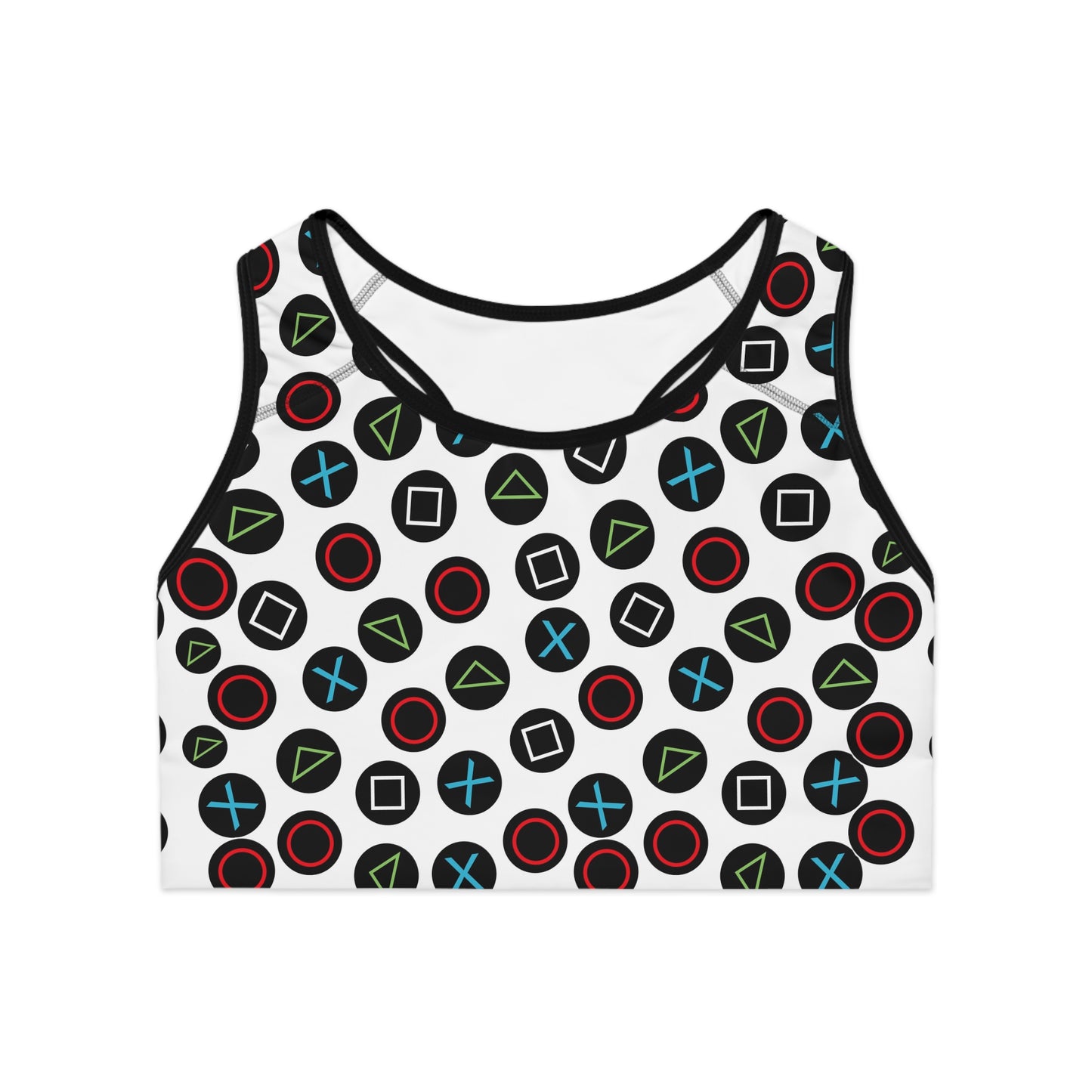 Playful Video Game Controller Patterned Sports Bra for Active Lifestyle