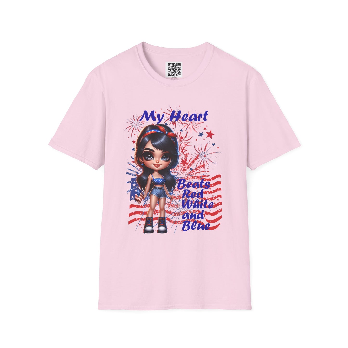 'My Heart Beats Red, White, and Blue' | Patriotic Unisex Softstyle T-Shirt for July 4th Celebrations