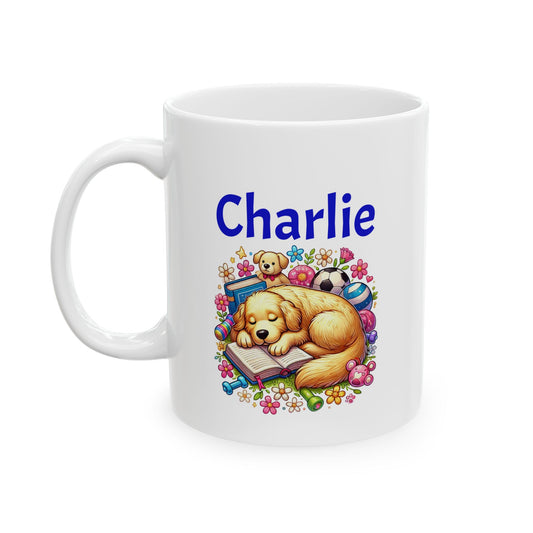 Golden Retriever Puppy on a Colorful Floral Design Ceramic Mug - Custom Name