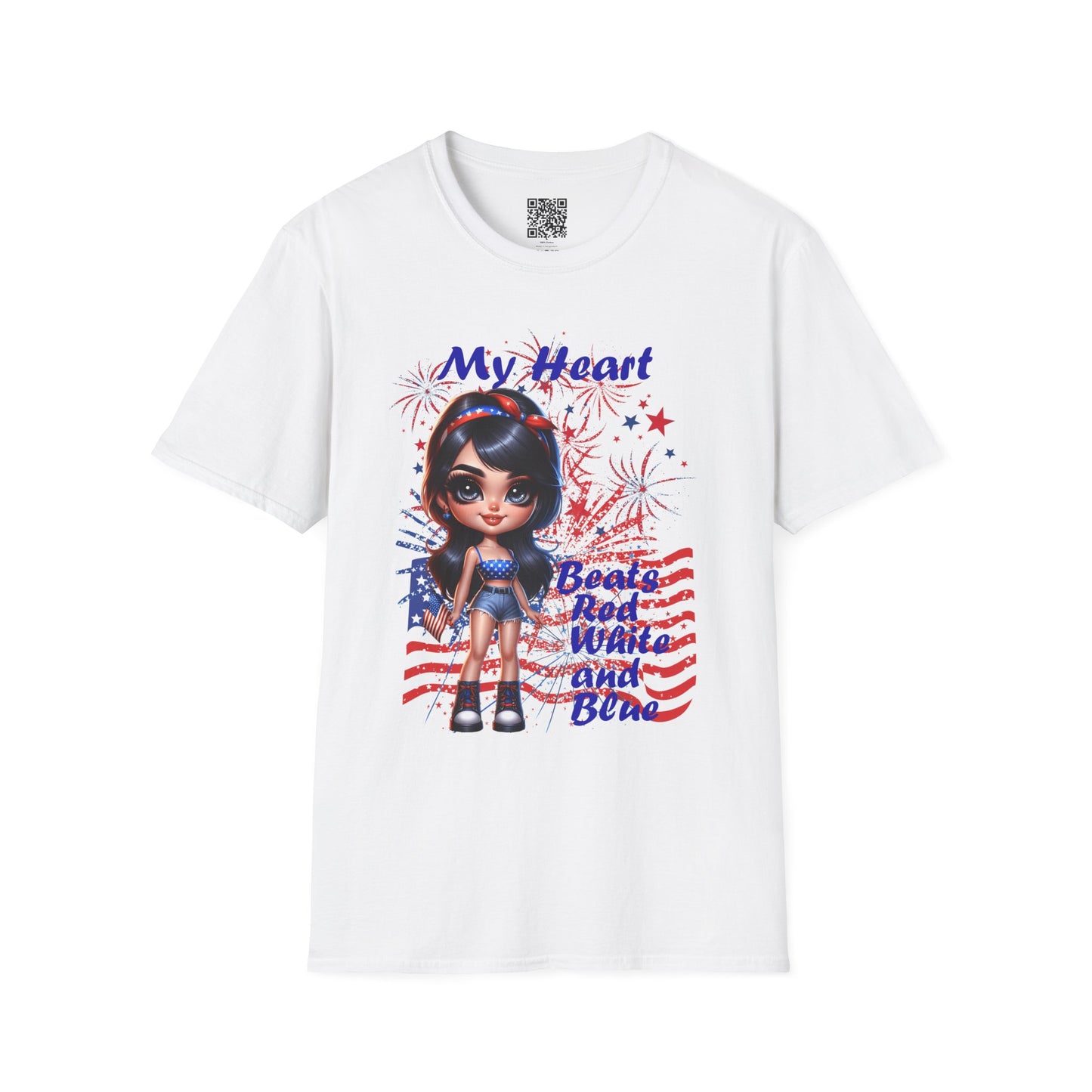 'My Heart Beats Red, White, and Blue' | Patriotic Unisex Softstyle T-Shirt for July 4th Celebrations