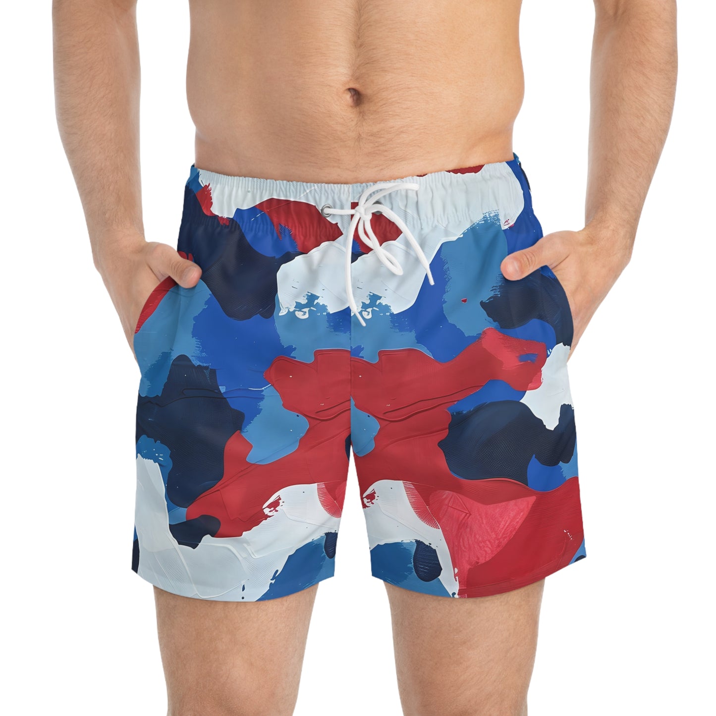 Patriotic Camo Swim Trunks - Bold Red, White & Blue Design for Summer Fun