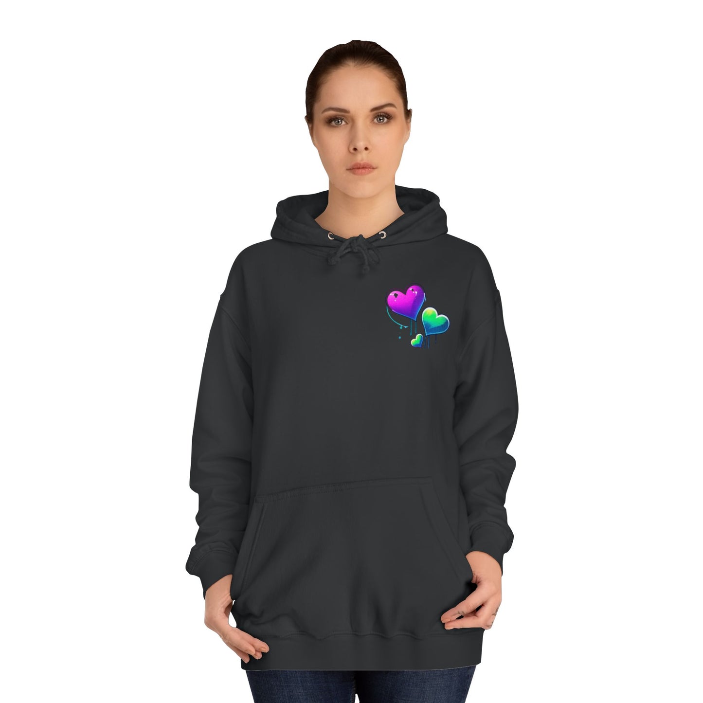 College Hoodie with Love Graphic - Trendy Heart Design, Perfect for Everyday Comfort and Special Occasions