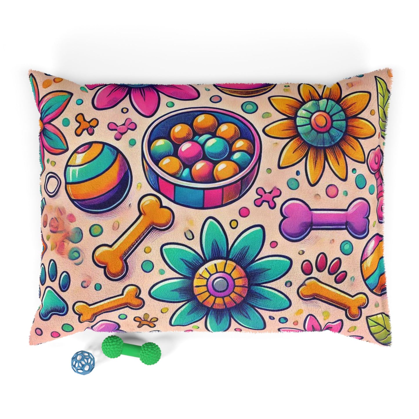 Vibrant Floral Pet Bed with Fun Toy Motif