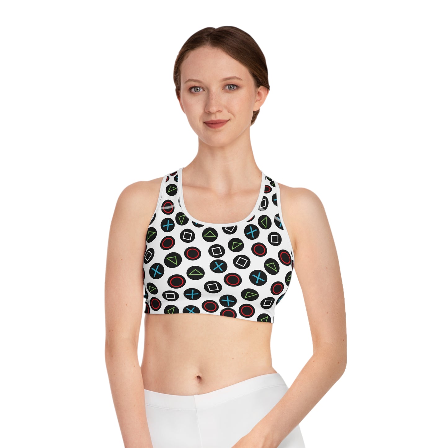 Playful Video Game Controller Patterned Sports Bra for Active Lifestyle