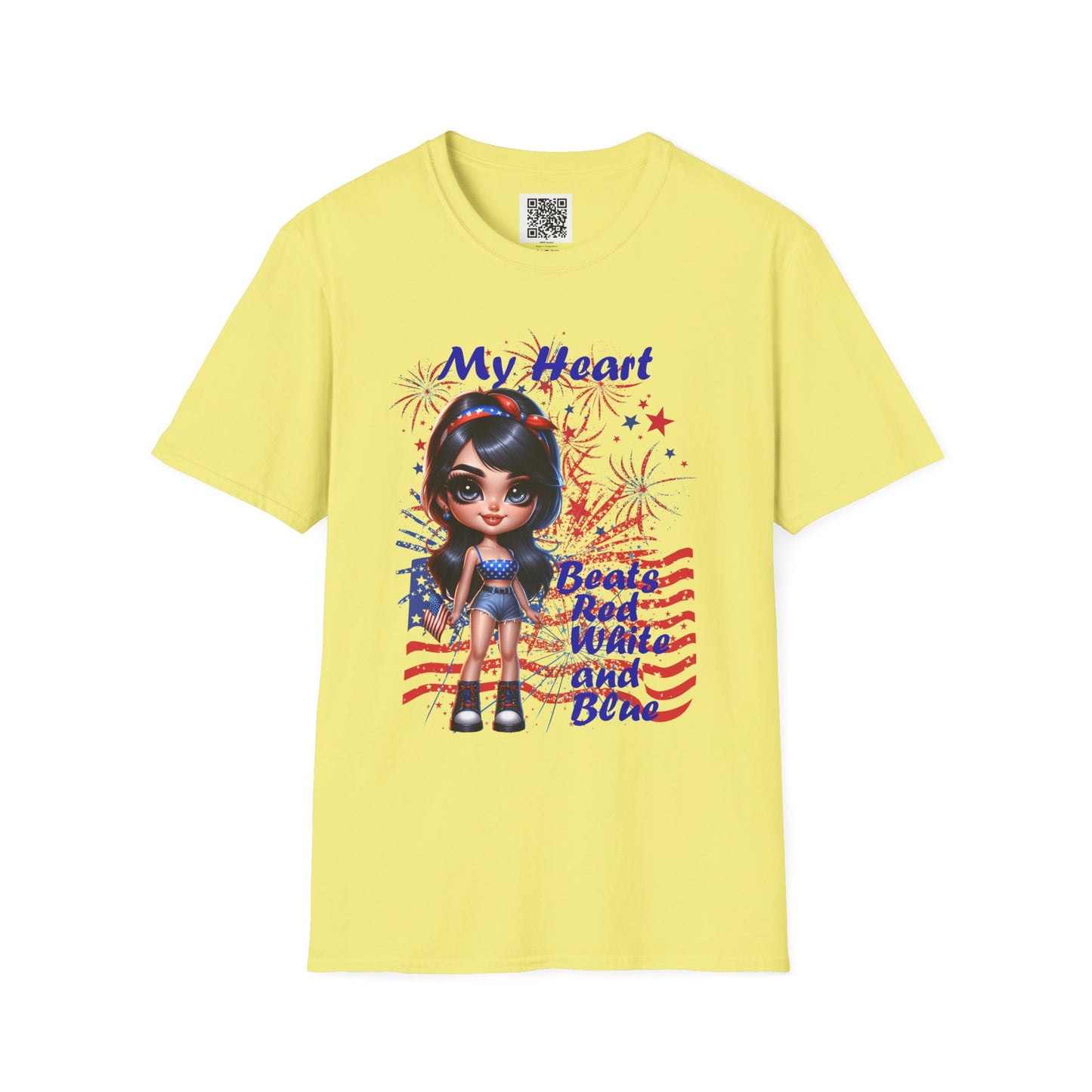 'My Heart Beats Red, White, and Blue' | Patriotic Unisex Softstyle T-Shirt for July 4th Celebrations