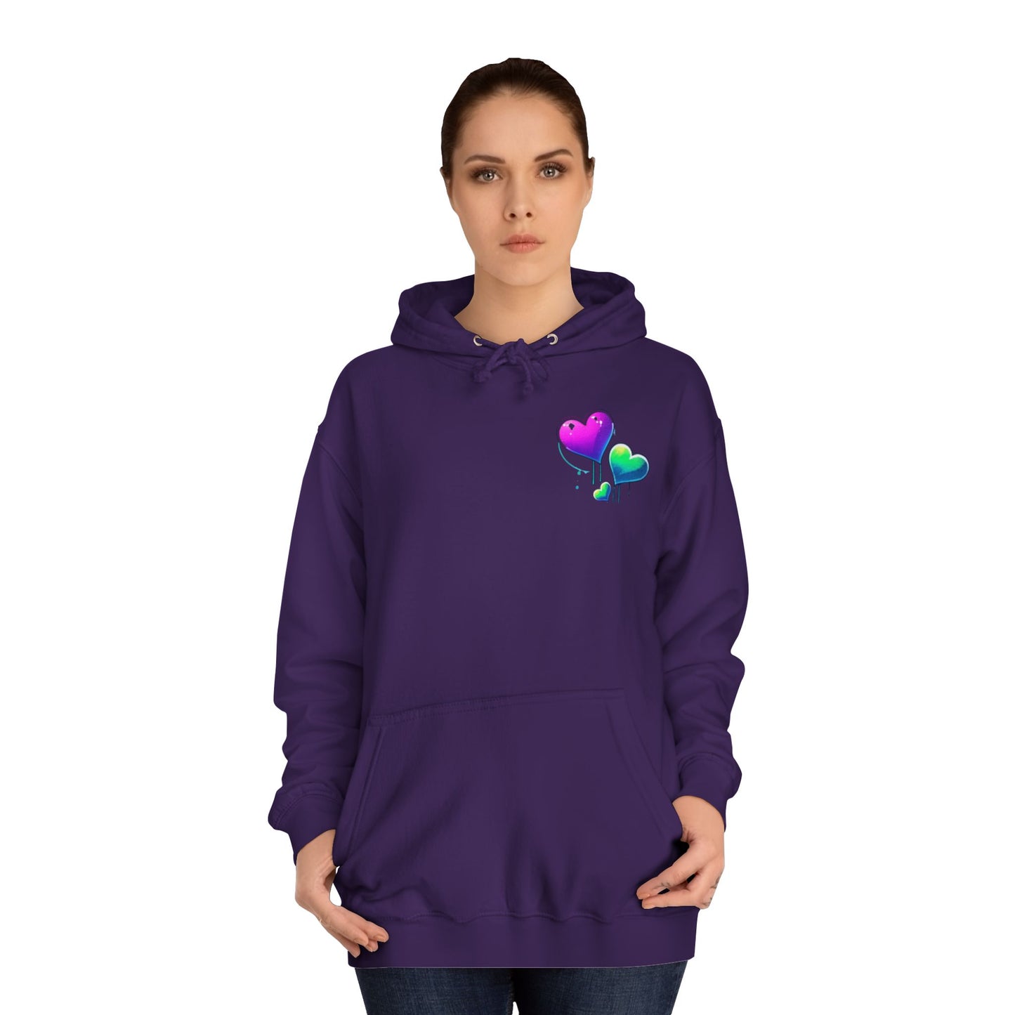 College Hoodie with Love Graphic - Trendy Heart Design, Perfect for Everyday Comfort and Special Occasions
